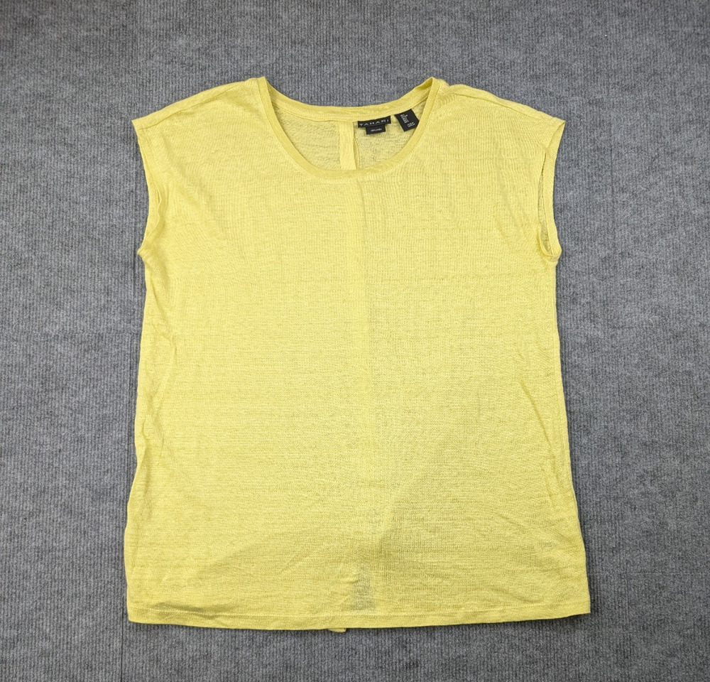 Tahari Linen Top Womens Large Yellow Coastal Mother of Pearl Buttons Vacation